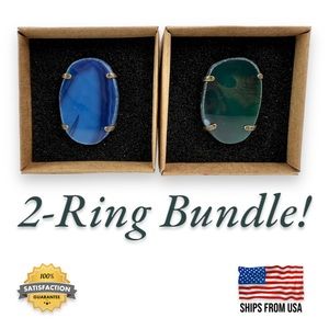 Geocentral Genuine Natural Agate Slab 2-PACK Ring Adjustable Dark Green & Blue